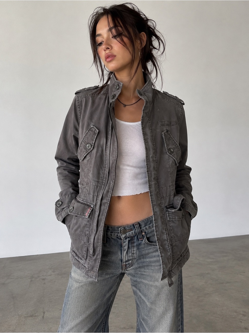 Esprit Y2K Military Utility Field Jacket Gray Cargo Safari Moto Sz M